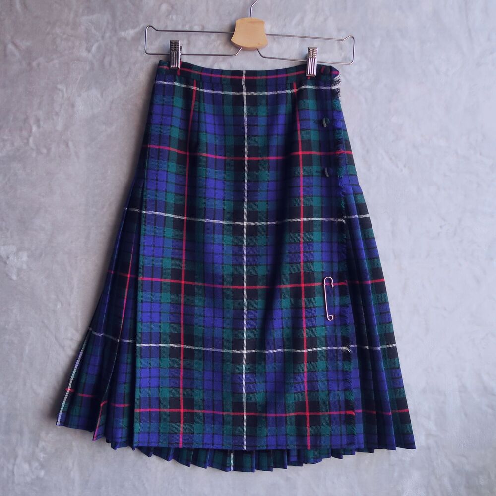 Vtg SKIRTMAKER Blue Tartan Plaid Midi Wrap Skirt XS / S Wool Twee Preppy Punk